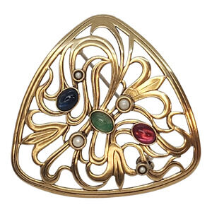 Vintage Art Nouveau Gold Plate Filigree Brooch Multicolor Cabochon Pearl 1940